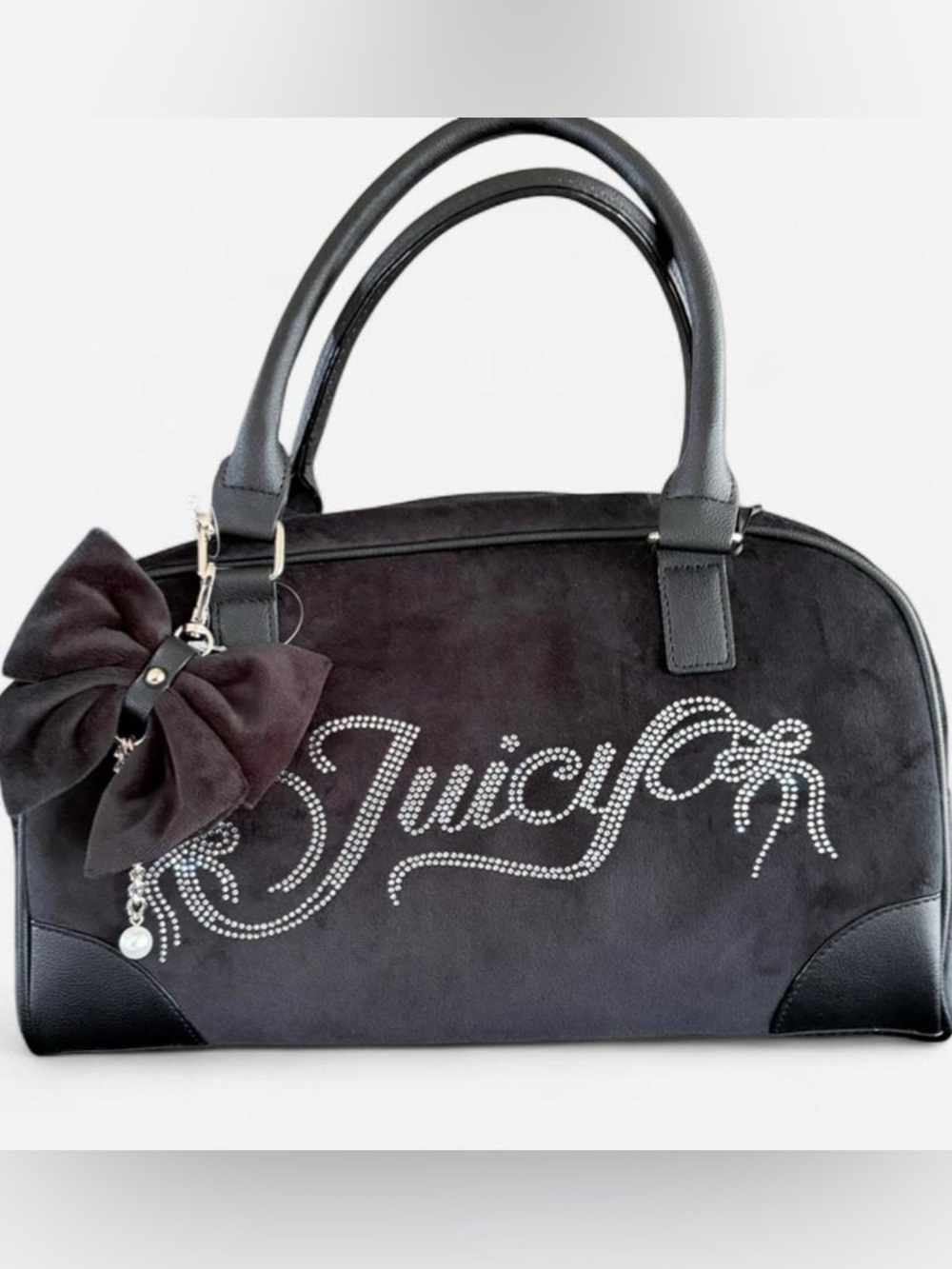 Juicy Couture Black Faux Suede Logo Dome Satchel with Bow Charm